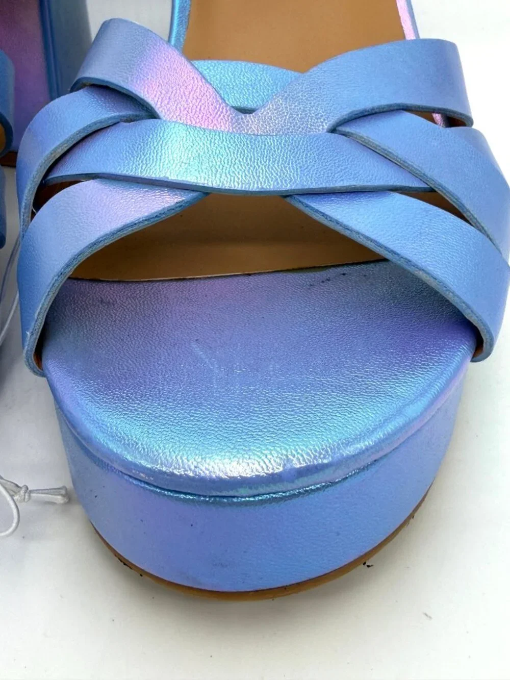New Torrid Blue Iridescent Platform Flared Chunky Heel Sandal - Size 8WW